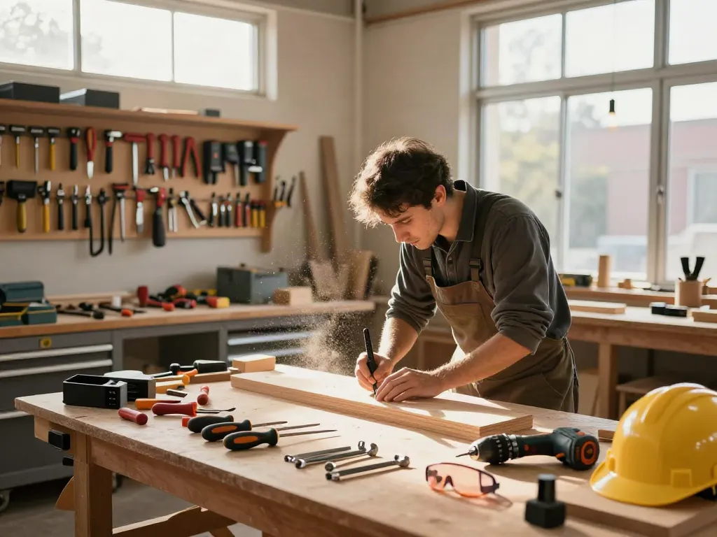 Artigiano al lavoro con beta tools in un laboratorio luminoso.
