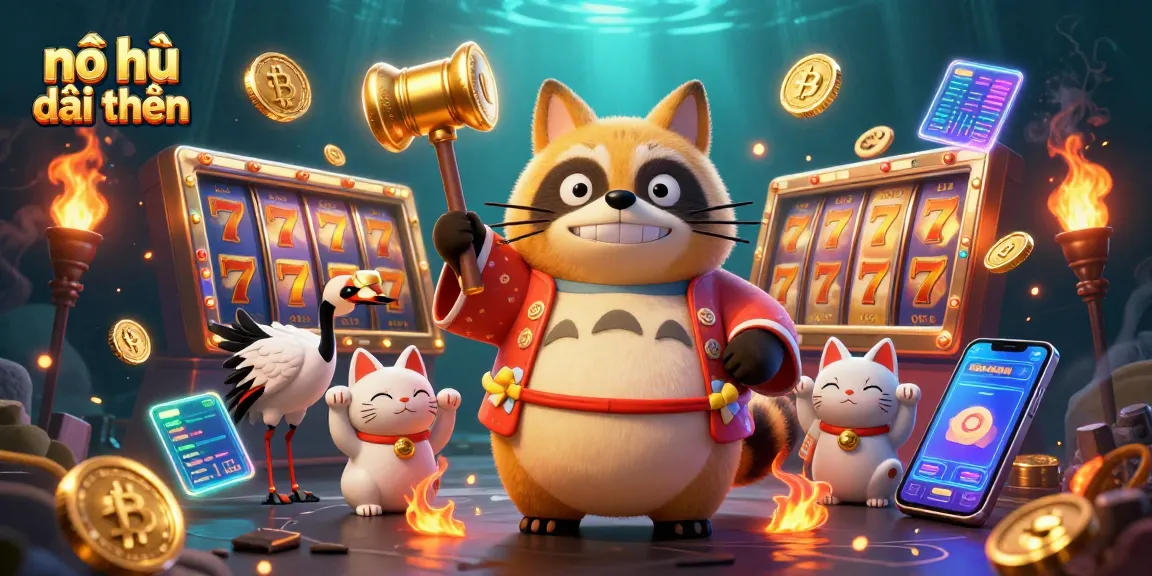 Spin and win with nổ hũ đổi thưởng featuring cheerful tanuki, jackpot reels, and vibrant visuals.