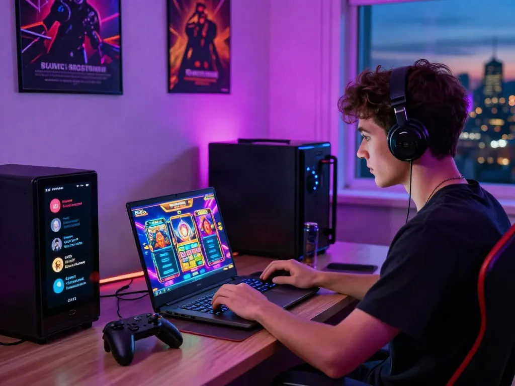 Engaged gamer using rokok88 slot login on laptop in a vibrant gaming setup.