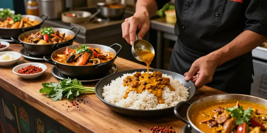 Delicious Nasi Kandar prepared by rokok88 chef with vibrant curries and fresh ingredients.