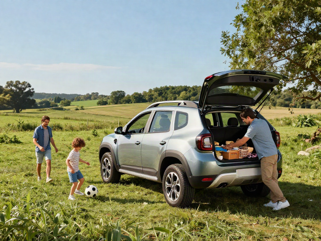 Noleggio lungo termine Dacia con una famiglia che si diverte all'aperto accanto a un Duster, in un paesaggio sereno.