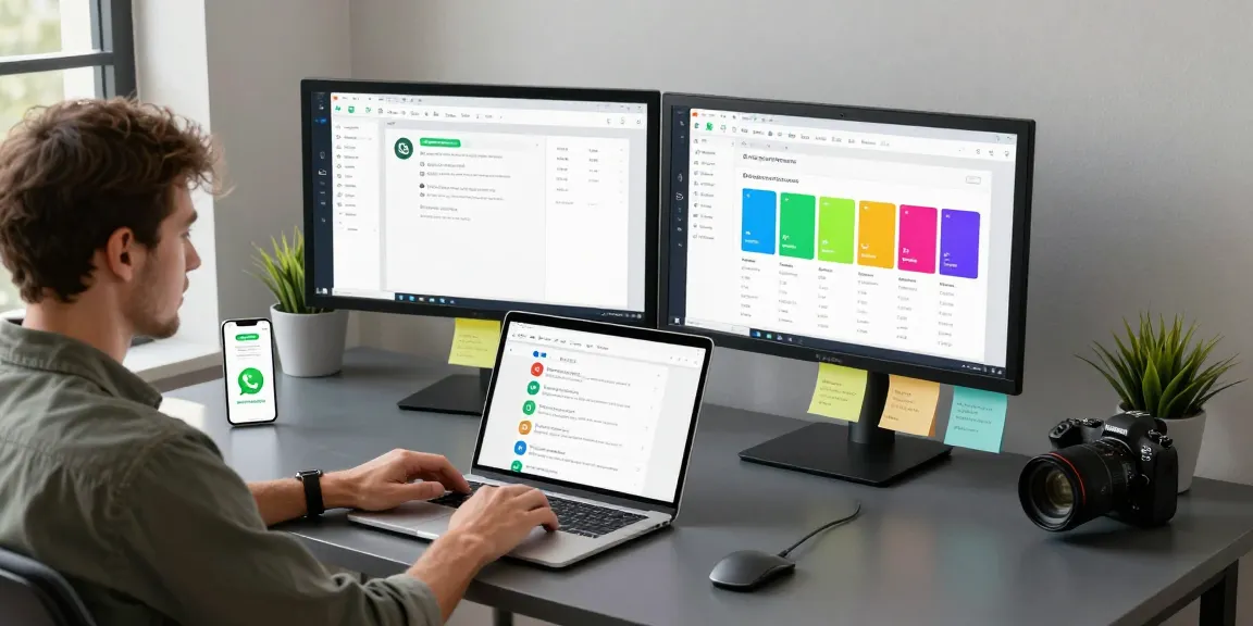 User interacting with WhatsApp網頁版 on a laptop in a modern workspace, showcasing productivity and technology integration.