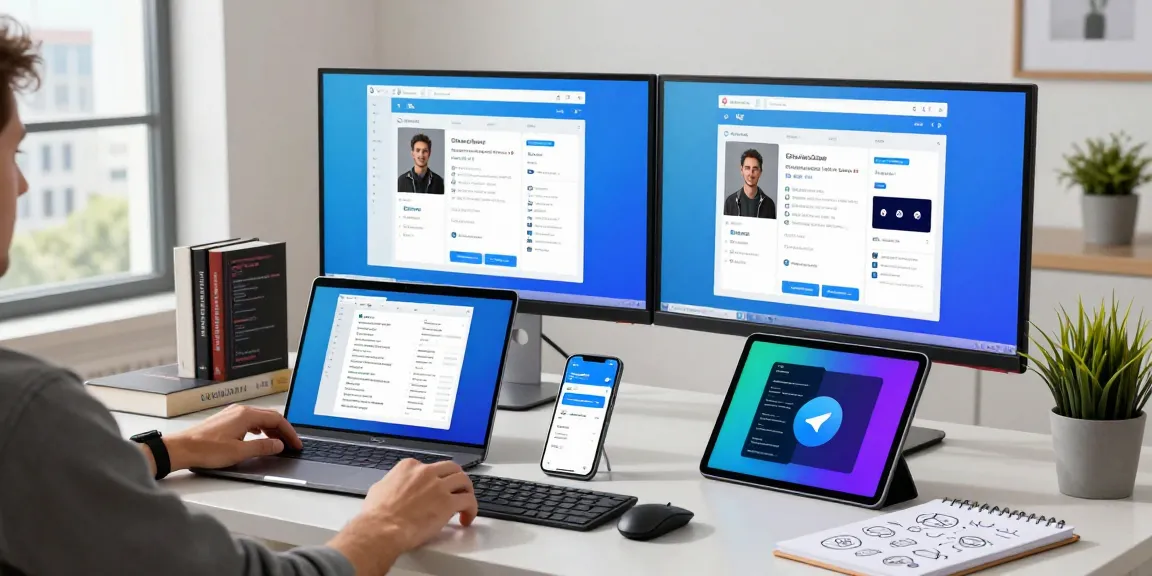 Download Telegram on multiple devices in a modern workspace setting, showcasing vibrant chat screens and productivity tools.