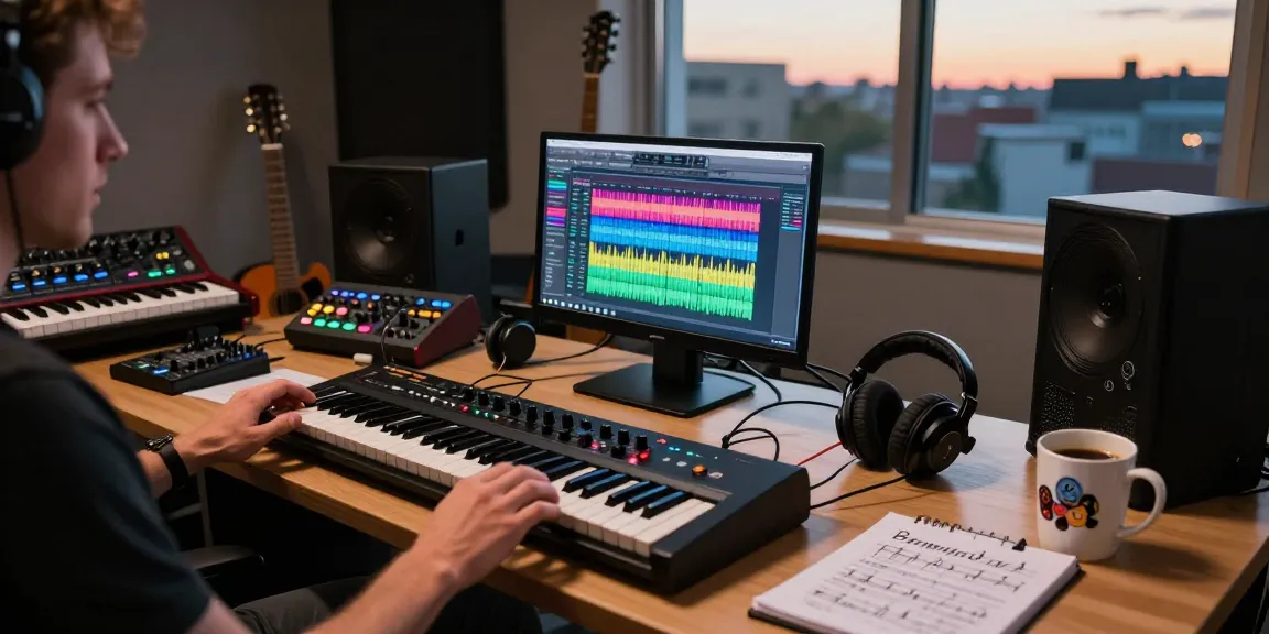 Musician composing electronic music with SC88 sound module and vibrant studio setup