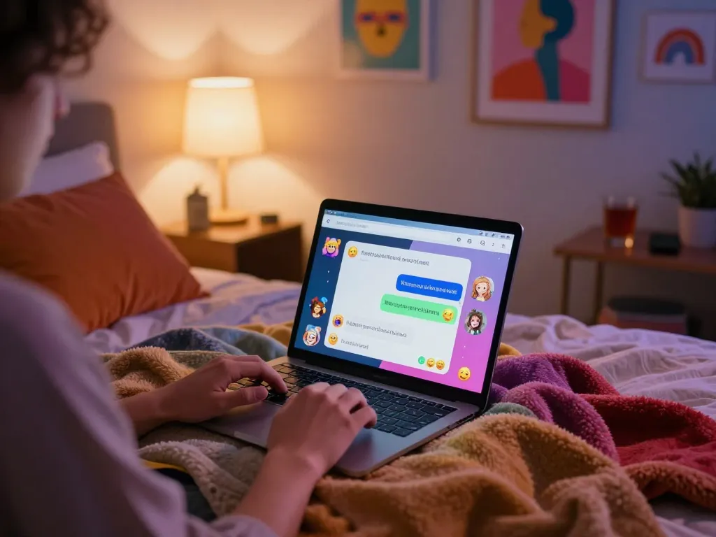 Engaging in an nsfw ai chat on a laptop in a cozy bedroom setting, highlighting vibrant interface and relaxed atmosphere.