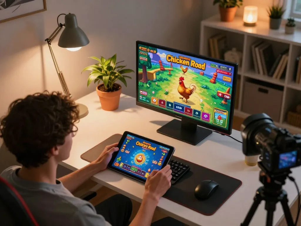 Scena coinvolgente di gioco online con recensioni di chicken road e un'interfaccia tablet dinamica che mostra il gioco
