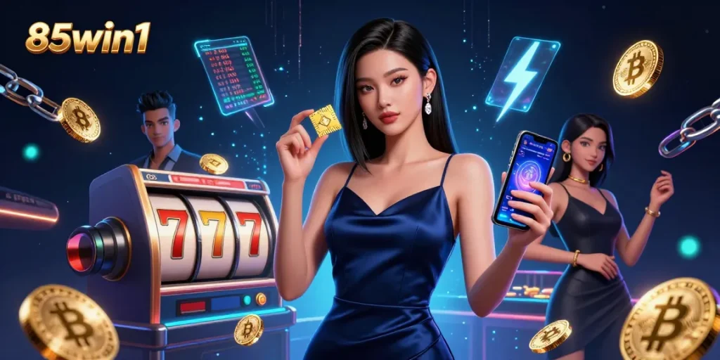 Experience the thrill of gambling at 85win1 with a stunning illustration showcasing dynamic casino games and crypto elements.