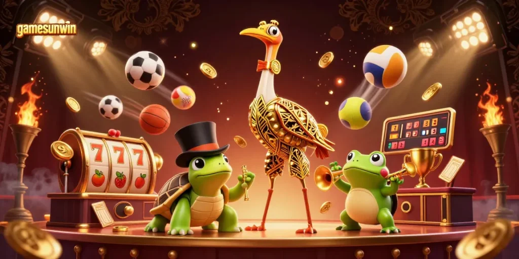 Engage with gamesunwin in a lively 3D casino scene featuring unique characters and dynamic game elements.
