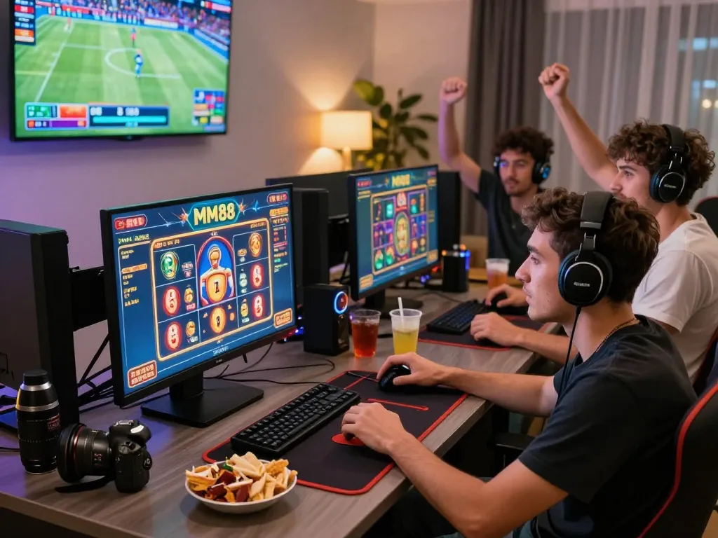 Friends enjoying a thrilling MM88 online gaming session with vibrant graphics and snacks.