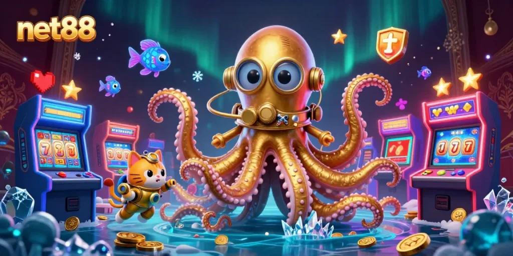 Play exciting games at net88 featuring a colossal kraken amidst lively casino elements.