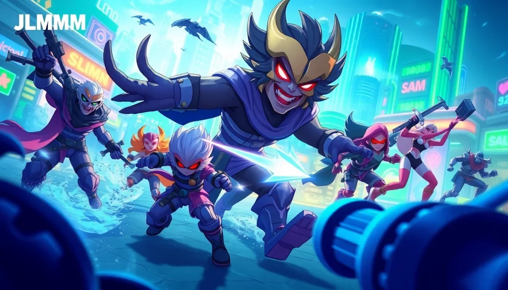 Engaging characters from the jlmmm app in an action-packed gaming scene, showcasing vibrant energy.