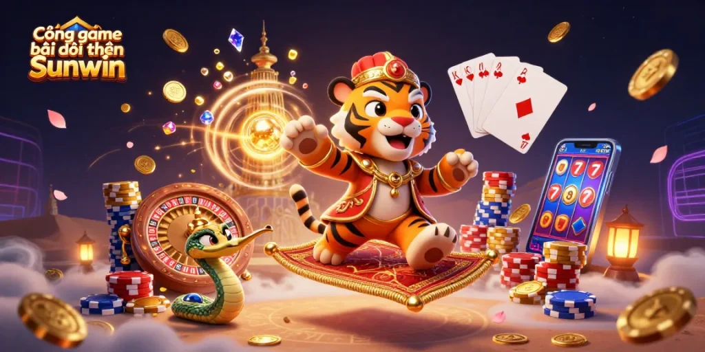 Cổng game bài đổi thưởng Sunwin offers exciting gameplay with vibrant characters and thrilling casino elements in a magical atmosphere.