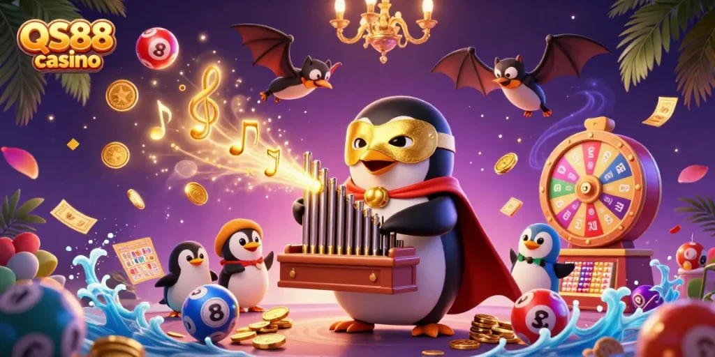 Engage in thrilling slots at QS88 casino, showcased by whimsical characters and vibrant game elements.