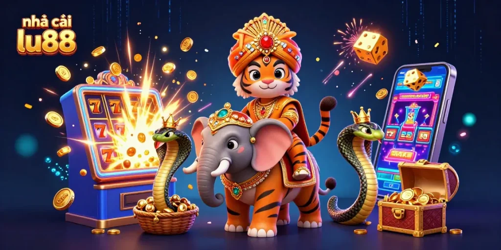 nhà cái lu88 showcases a vibrant 3D illustration with a maharaja tiger, jewel-encrusted elephant, and thrilling casino elements.