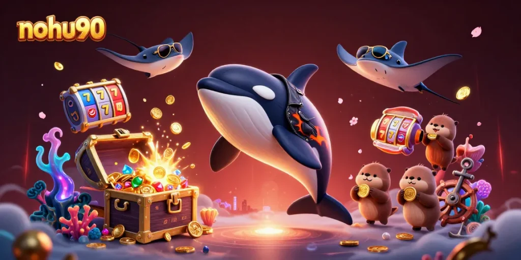 Engage in thrilling nohu90 action with a vibrant underwater illustration featuring a jumping orca, a stingray, and playful otters.
