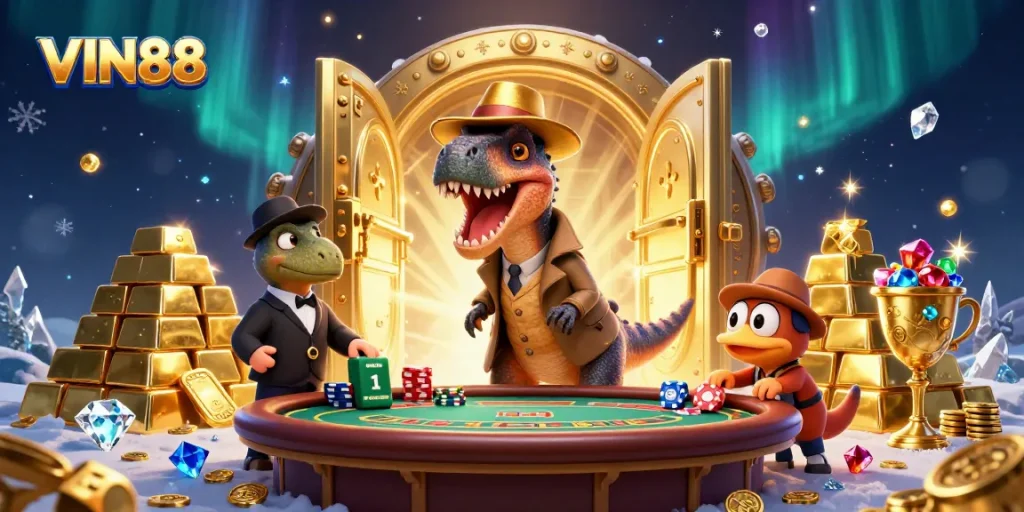 VIN88 showcases a playful velociraptor card counter at blackjack amid dazzling casino treasures.