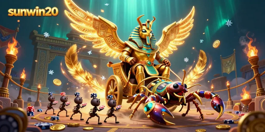 Experience exhilarating gameplay at sunwin20 with golden beetles and scorpions enjoying the thrill of the casino.