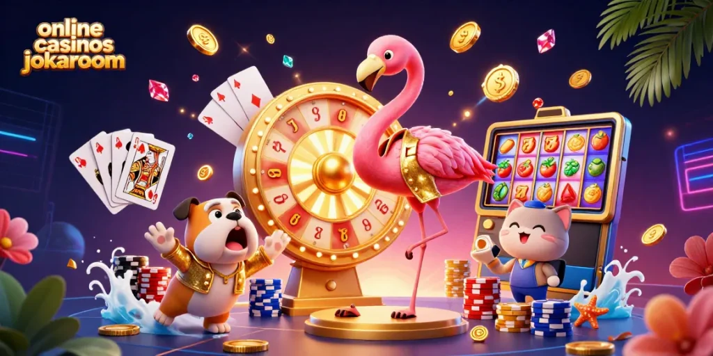 Engaging illustration of online casinos jokaroom, featuring a game show host flamingo and animated casino elements.