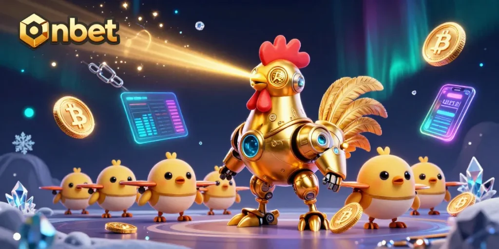 Engage with onbet’s online gaming experience featuring a golden rooster robot and crypto-themed elements.