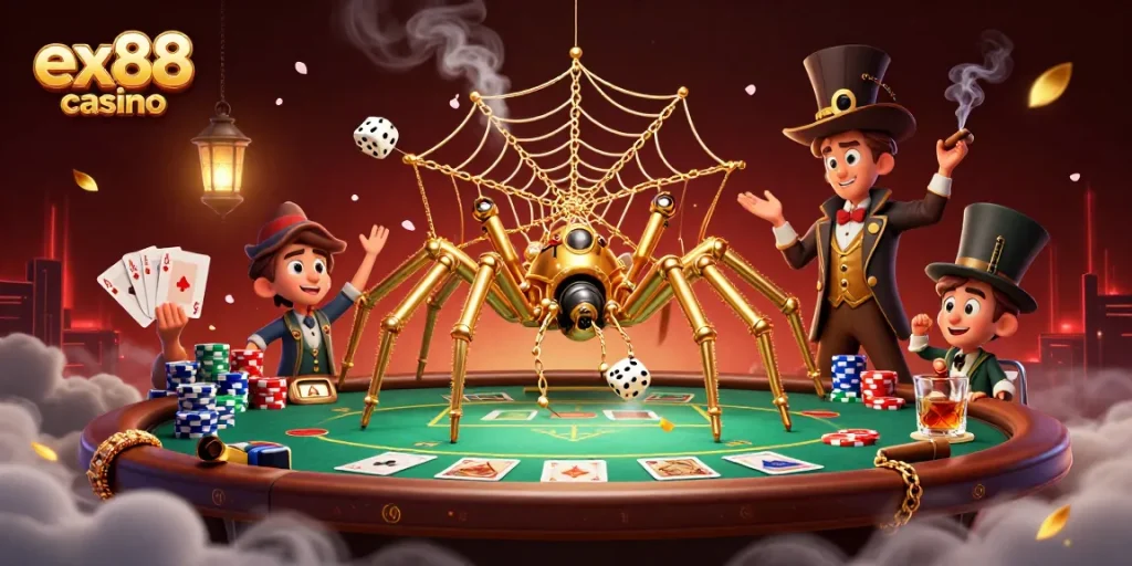 Experience the thrill of ex88 casino with the golden spider and whimsical characters in a vibrant casino setting.