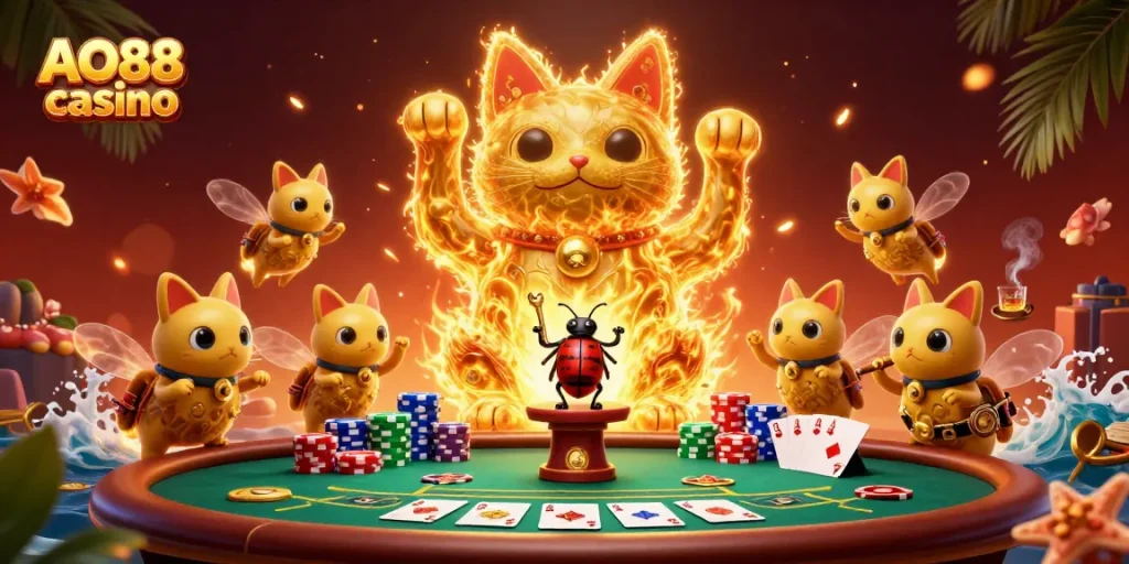 Experience the thrill of AO88 casino with a lucky cat and vibrant gaming elements in a captivating 3D illustration.