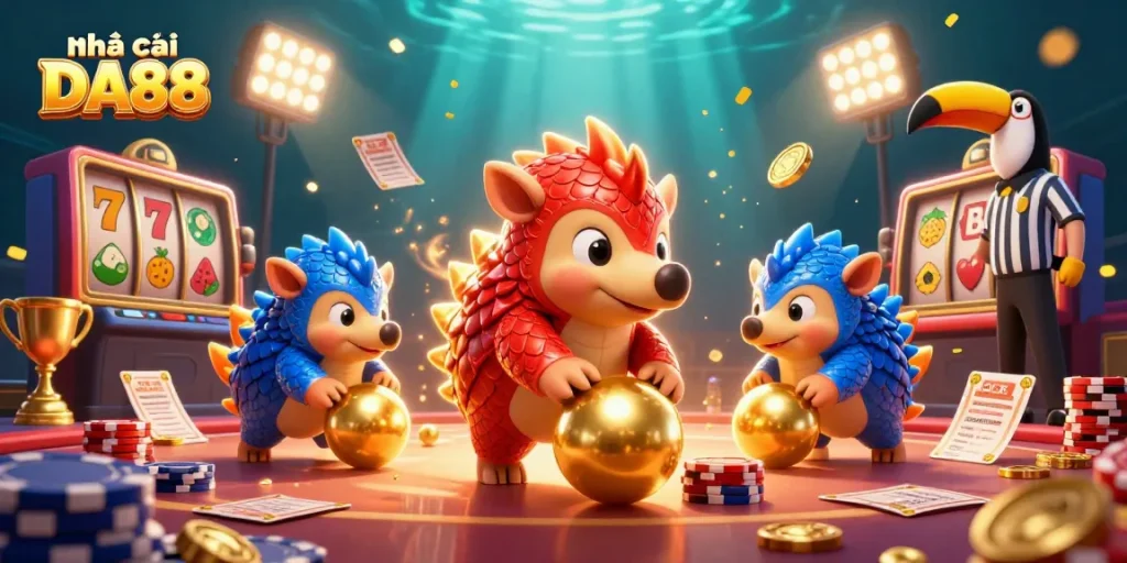 Engage with Nhà cái DA88's vibrant 3D illustration featuring rival pangolins in a dynamic casino game.