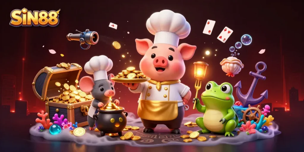 SIN88 showcases an energetic scene of characters celebrating with gold coins, reflecting the vibrant casino atmosphere.