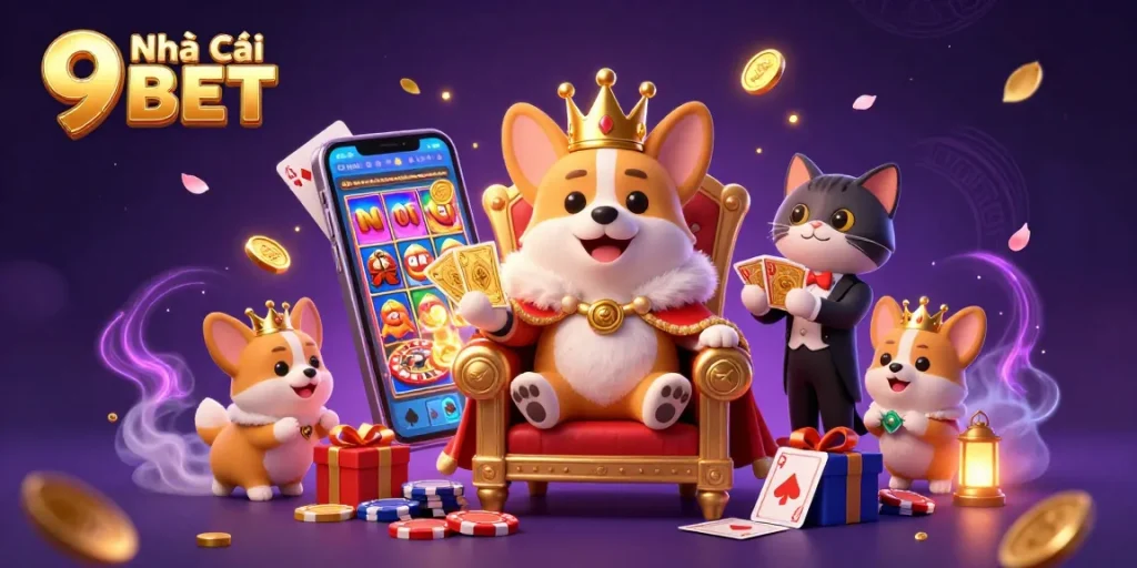 Engage with Nhà cái 9BET featuring a royal corgi on poker chips, vibrant gaming elements, and dynamic casino atmosphere.