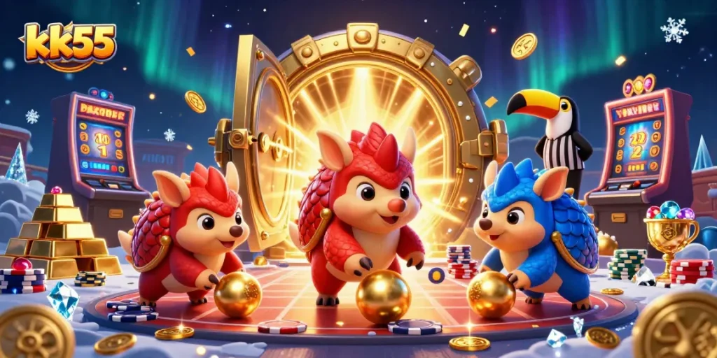 kk55's vibrant casino-themed illustration features rival pangolins in an exciting game setting.