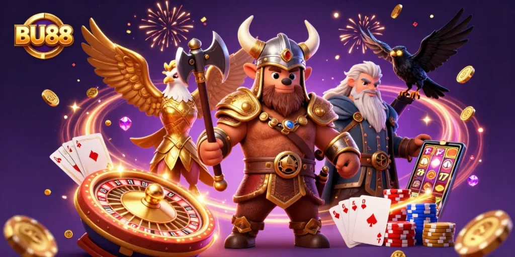 Engage in thrilling gameplay at BU88 casino with a Viking berserker and Valkyrie amidst golden riches.