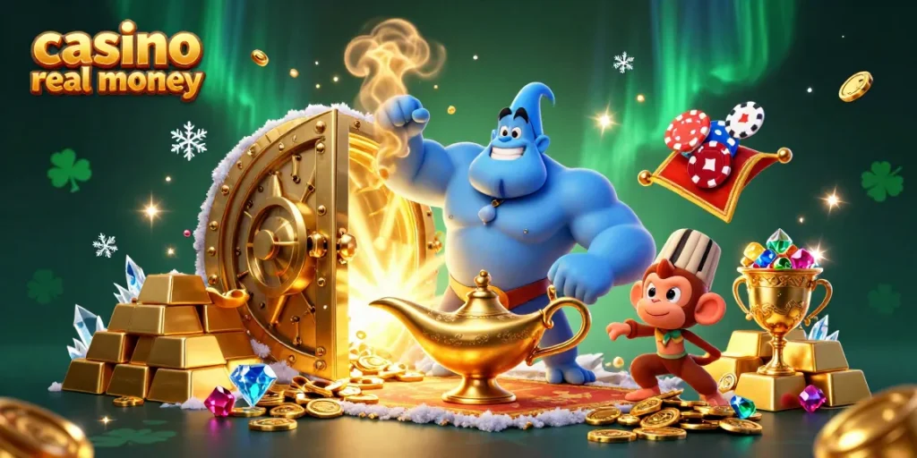 Engage in casino real money fun with a magical scene of a genie, gems, and golden treasures.