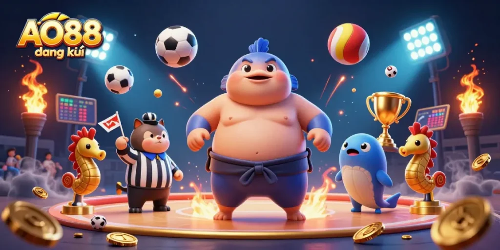 Join the excitement at AO88 đăng ký with a dynamic gaming scene featuring a blowfish wrestler and sports elements.