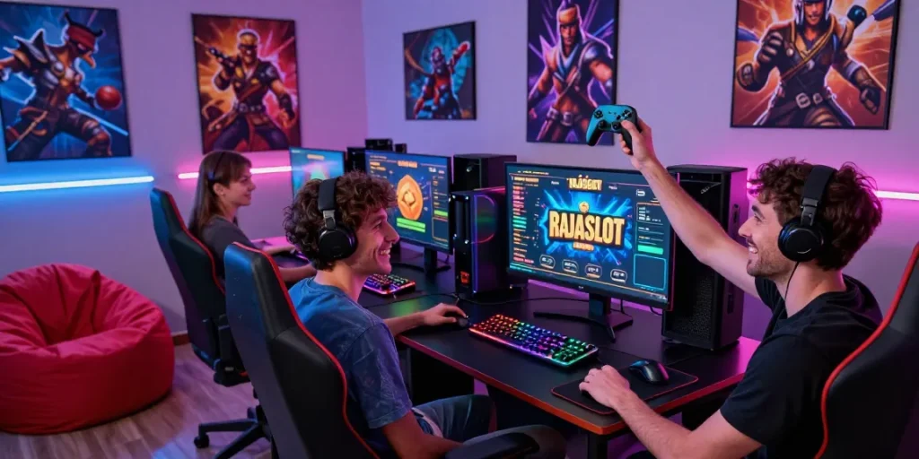Pengalaman bermain raja88 20 di Rajaslot dengan pemain ceria, peralatan gaming, dan suasana yang energik.