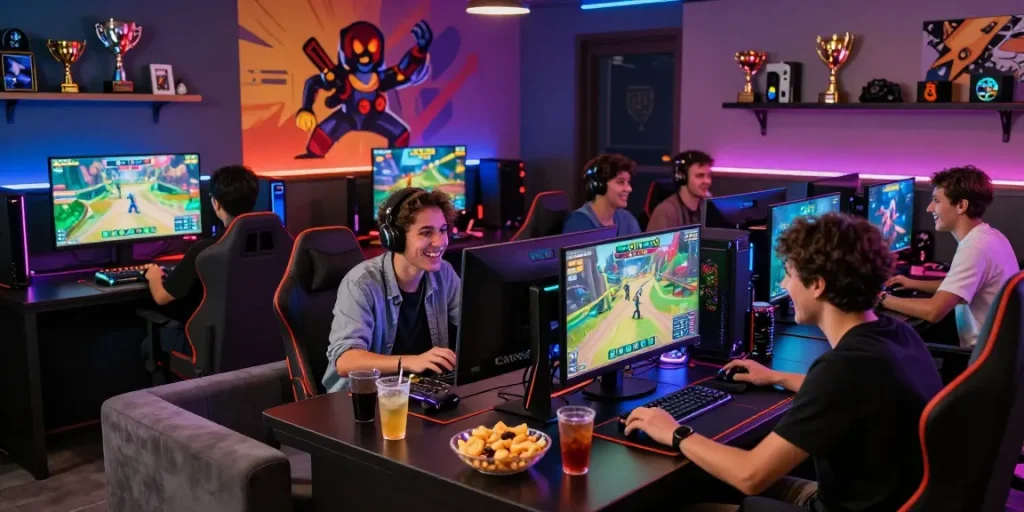 Friends enjoying a gaming night with rokok88 link alternatif highlighted on screens and vibrant decor.